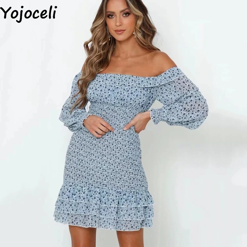 Yojoceli сексуальное платье с открытыми плечами и рюшами, Осеннее облегающее короткое пляжное платье, зимнее Повседневное платье в цветочек для женщин