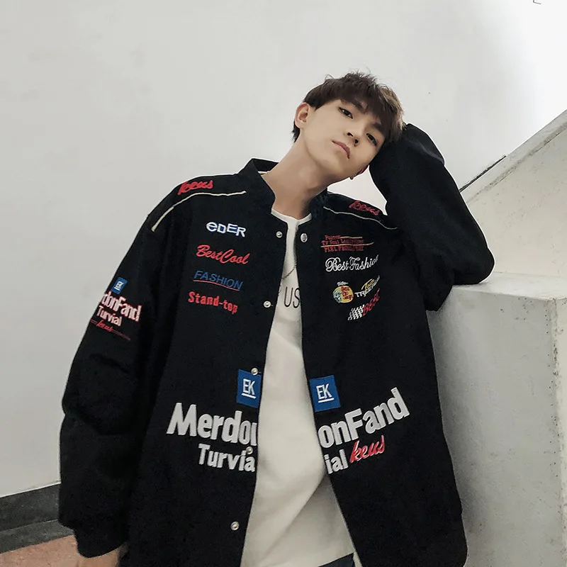 

Spring Workwear Coat INS Men Popular Brand Stand Collar Loose-Fit Plus-sized Embroidered Jacket Fat Korean-style Trend
