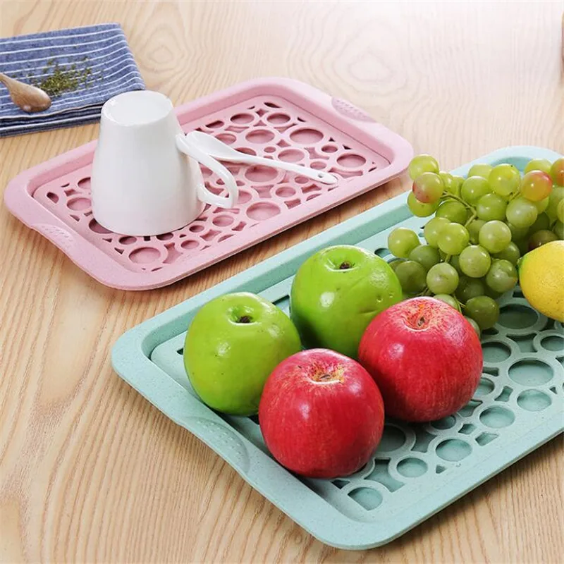 Double Layer Rectangular Plastic Draining Pate Tray Creative Fashion Multifunctional Fruit Plate Desk Kitchen Storage Rack
