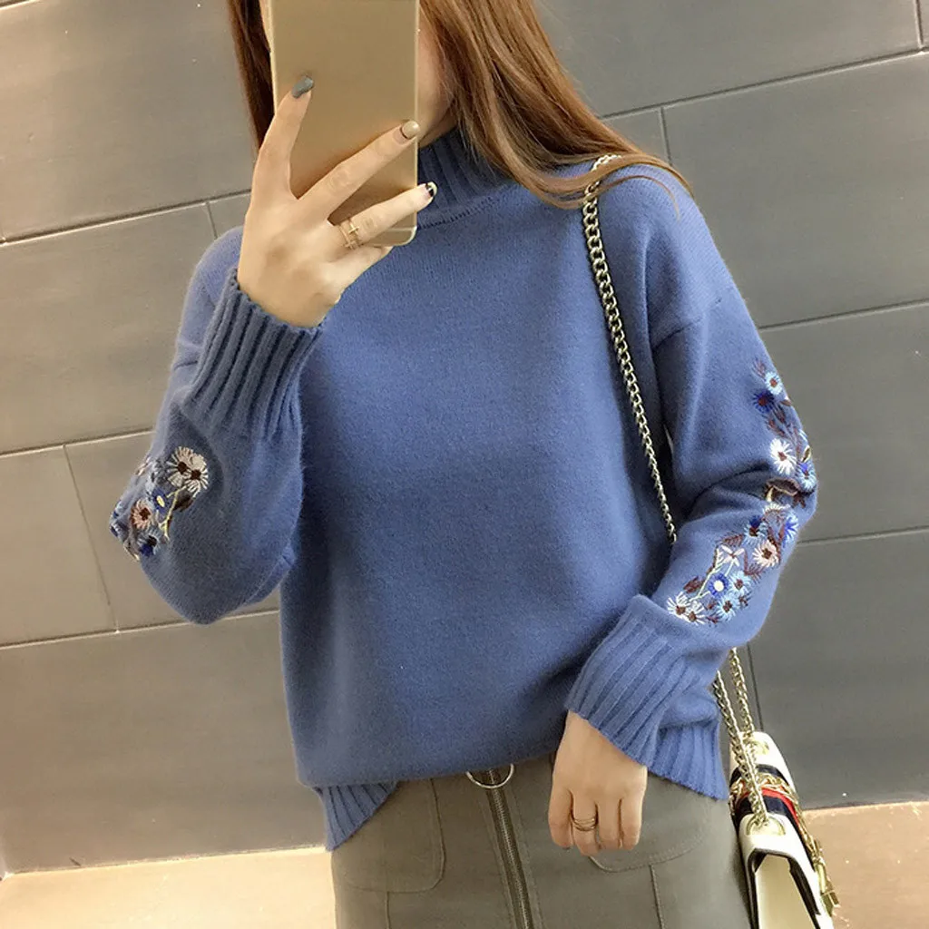 New Loose Thick Warm Winter Pullover Sweater Women Embroidery Jumper Half Turtleneck Long Sleeve Knit Yellow Sweater Female