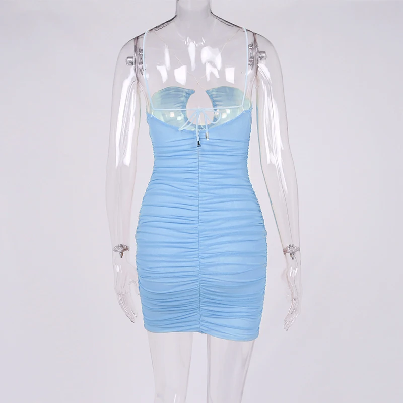 NewAsia Mesh Dress Spaghetti Strap Lace up Ruched Cut out Hole Zipper 2 Layer Elastic Slim Fit Mini Dress Chic Woman Slip Dress