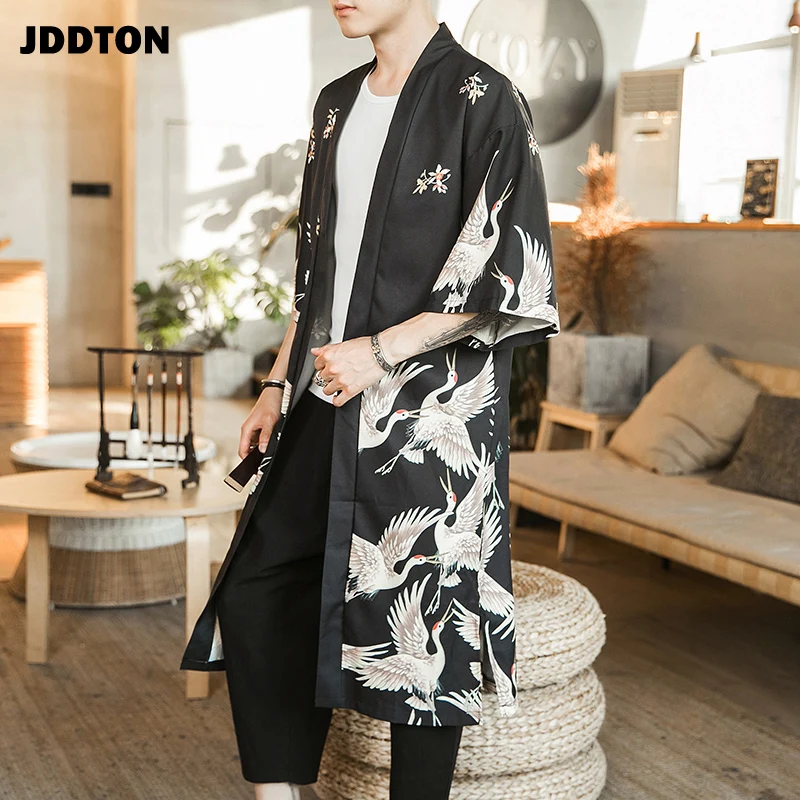 New JDDTON Men's Kimono Fashion Jackets Long Cardigan Traditional Japanese Yukata Outerwear Haori Coats