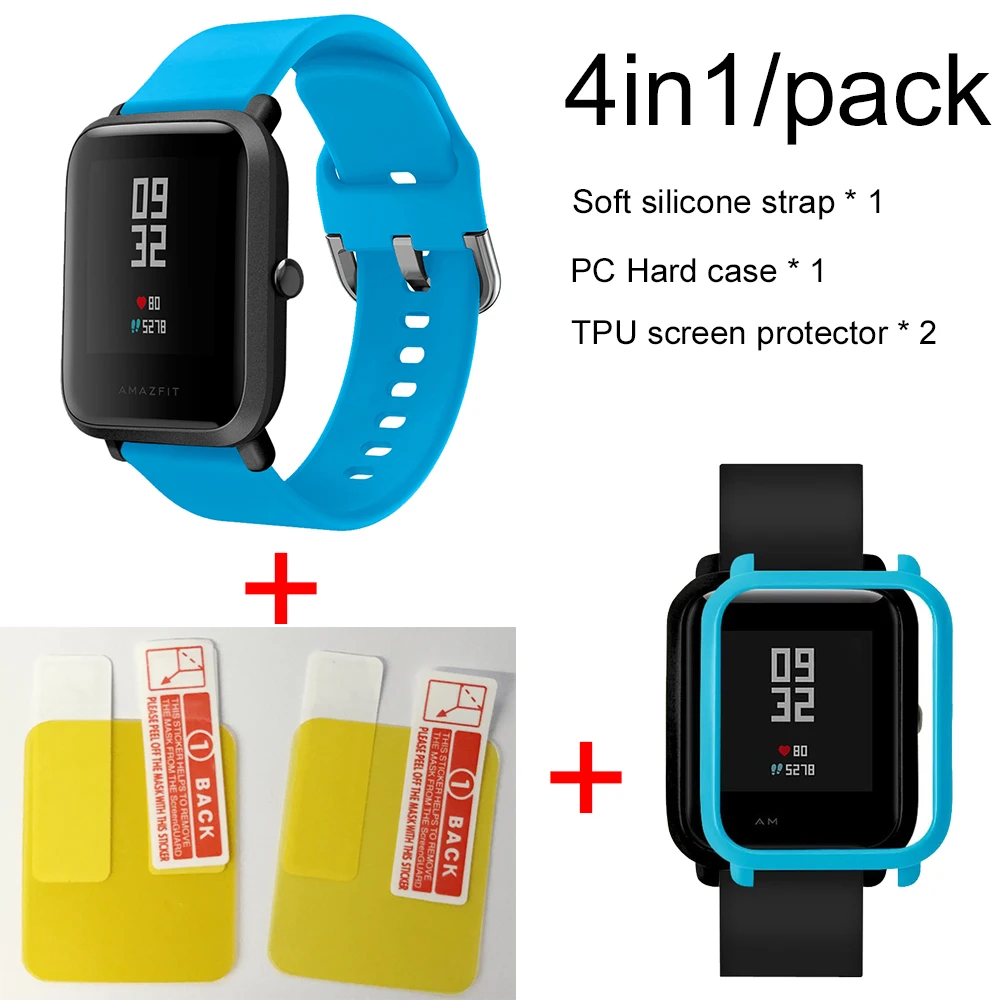 4в1 силиконовый ремешок спортивный браслет чехол для Xiaomi Huami Amazfit Bip BIT умные часы аксессуары - Цвет: sky blue-blue case