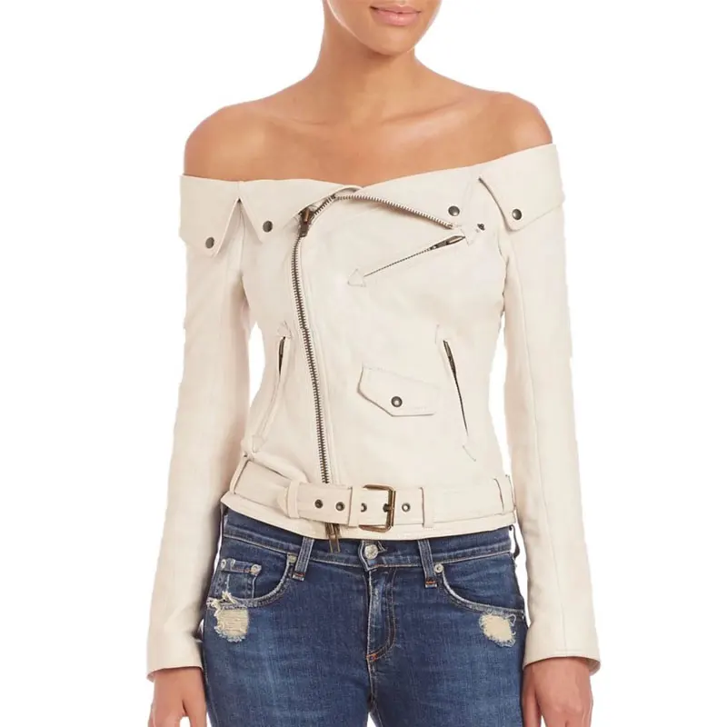 buy  Woman Off shoulder faux leather jacket women motorcycle jacket 2020 Spring autumn outerwear coats S