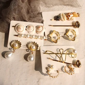 

2020 Summer Ocean Style Natural Snail Conch Shell Simulated Pearl Paved Hair Jewelry Shell Hairpins & Earring Set For Lady