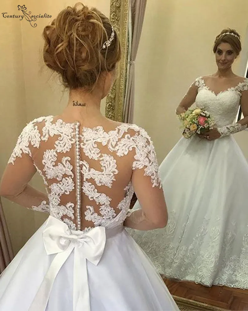 Vestido De Noiva кружевные свадебные платья Длинные рукава с аппликацией большой бант отвесная спина развертки поезд Свадебные платья в стиле винтаж плюс размер