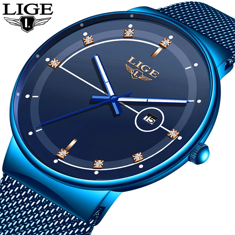 

2020 New Blue Quartz Clock LIGE Mens Watches Top Brand Luxury Watch For Men Simple All Steel Waterproof Wrist Watch Reloj Hombre