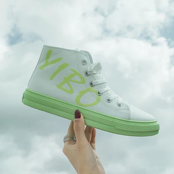 

New 2020 Spring Women Sneakers High Top Candy Color Letter Lady Chic Lace Up Thick Bottom Shoes Student Canvas Shoes W31-37