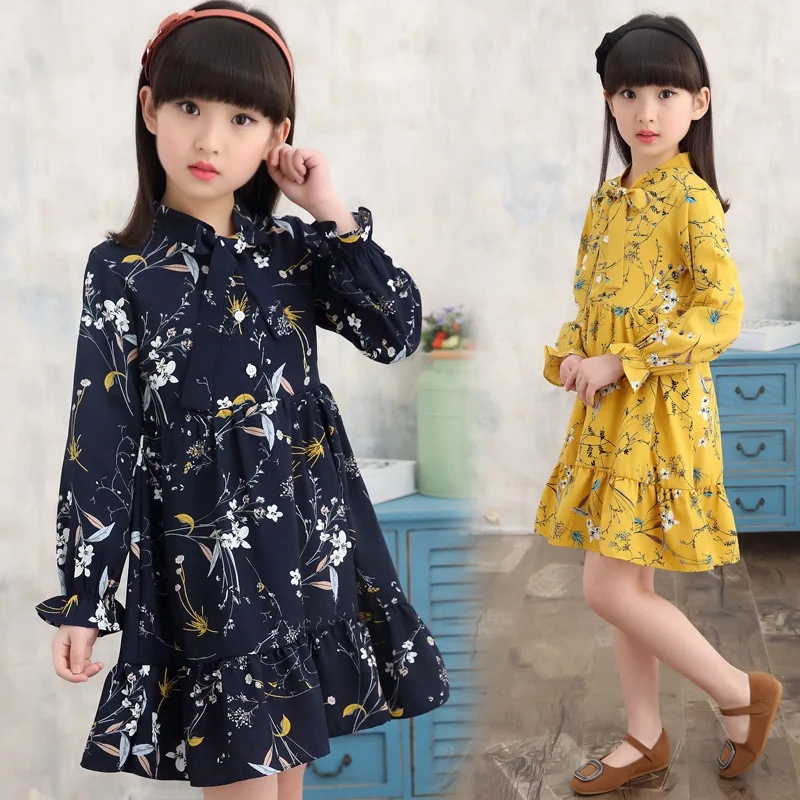 

3-12T Children Floral Print Chiffon Long Sleeve Dress Kids Dresses for Girls Spring Autumn Fall Cute Girl Dresses Princess Dress