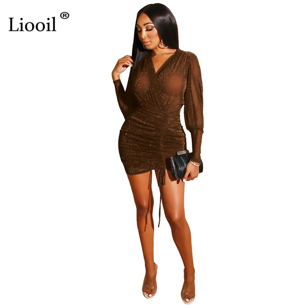Liooil, яркое Сетчатое сексуальное мини-платье с рюшами,, облегающие платья с длинным рукавом и v-образным вырезом на завязках, женские Вечерние наряды для ночного клуба