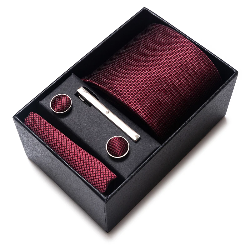Fashion 7.5-8 cm Wide Tie Sets Black blue red Men's Neck Tie Hankerchiefs Cufflinks clip Box wedding gift silk handmade neck tie mini handkerchief