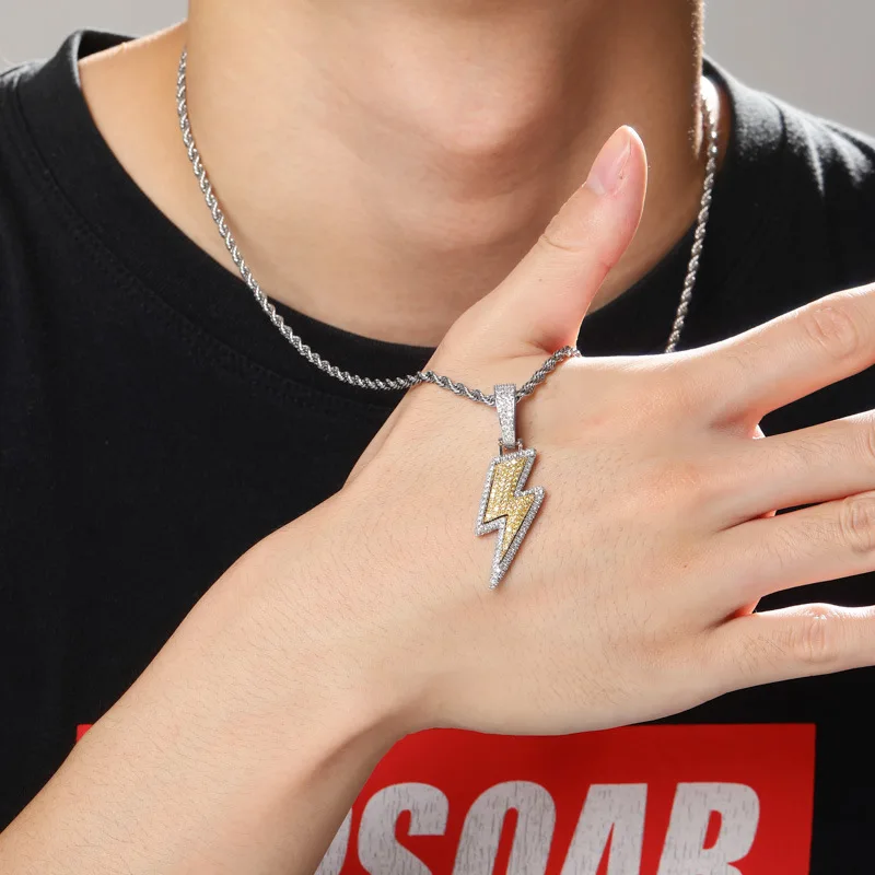 Хип хоп микро Pave AAA CZ камень Bling Iced Out подвеска «молния» ожерелье для мужчин Rapper ювелирные изделия Прямая золото серебро