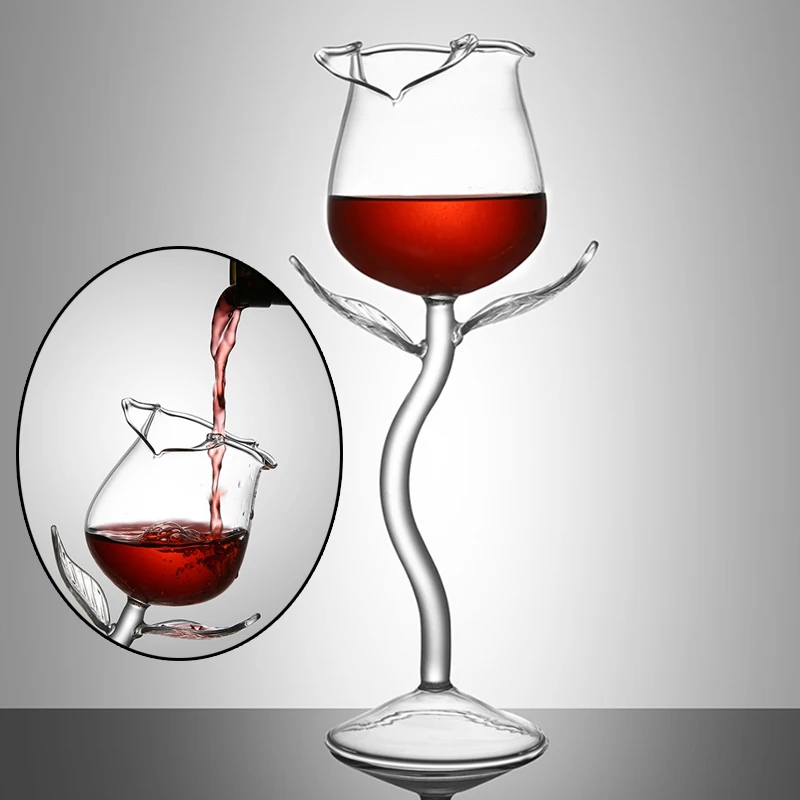 Fancy Red Wine Goblet Rose Flower Shaped Cocktail Glasses For Elegant Home Party 