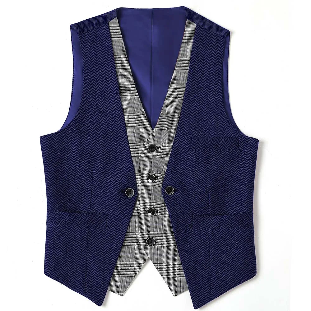 Royal Blue Мужской костюм, жилет, многослойный, в клетку, шерсть, в елочку, твид, поддельный, два, v-образный вырез, зеленый жилет, Повседневный, Деловой, Groomman для свадьбы - Цвет: Royal Blue
