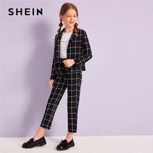 SHEIN Kiddie/Клетчатый блейзер для девочек и брюки с завязками на талии повседневный комплект детской одежды г. Осенние детские комплекты из двух предметов