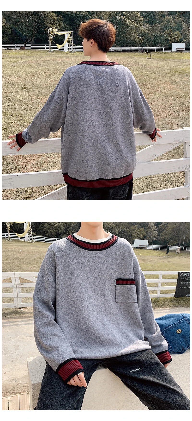 Winter Sweater Men's Slim Warm Fashion Contrast Color Casual O-neck Sweater Pullover Man Long-sleeved Sweater Large Size M-5XL