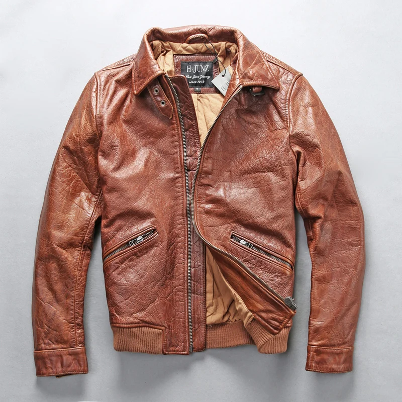 Male Genuine Leather Brown Jacket Simple Vintage Classic Cowskin Motorcycle Rider Jacket for Male European American Style Coat