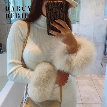 

Women Turtleneck Fur Patchwork Slim Christmas Sweater Ribbed Knitted Sexy T-shirt Women Tops White Elastic Casual Tshirt