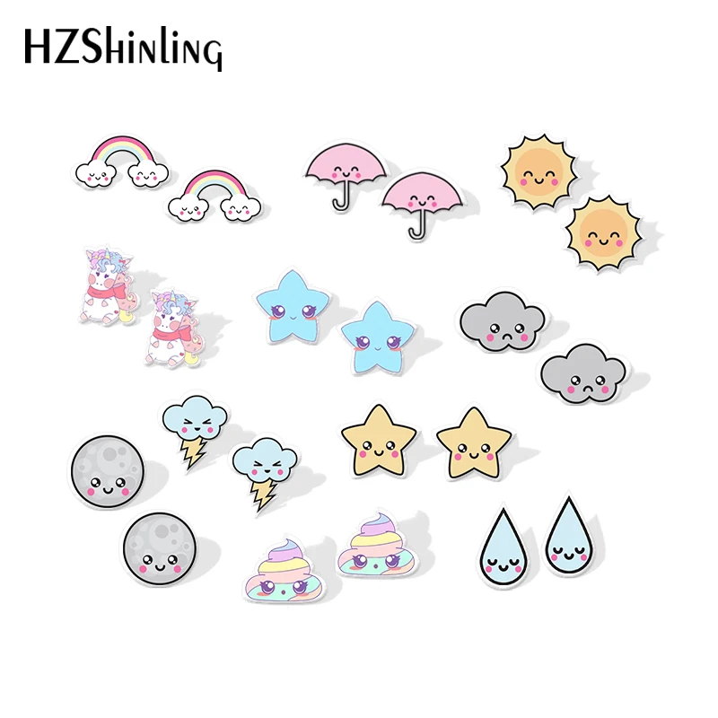 Новинка, акриловая серьга в виде улыбающейся звезды, облака, зонта, Погодная полимерная серьга, эпоксидные серебряные серьги в усадку