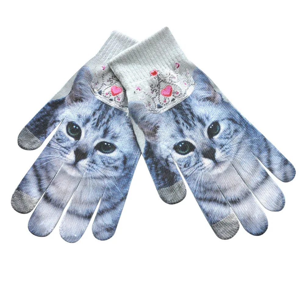 3D Cat Print Knitted Men Women Gloves Winter Warm Phone Screen Kitty Harajuku Ladies Mittens варежки женские зимние guantes cat gloves
