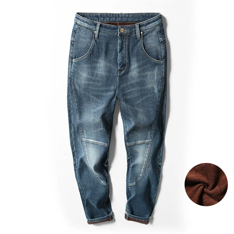 Зимние мужские теплые джинсы, штаны-шаровары, утолщенные джинсовые эластичные свободные синие джинсовые штаны, мужские Брендовые повседневные Бархатные брюки больших размеров - Цвет: Синий