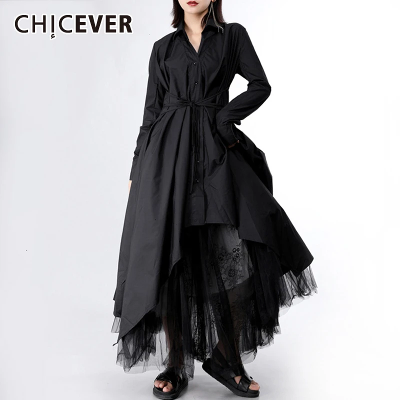CHICEVER корейское элегантное асимметричное женское платье воротник с лацканами с длинным рукавом Бандажное необычное женское платье Новая мода