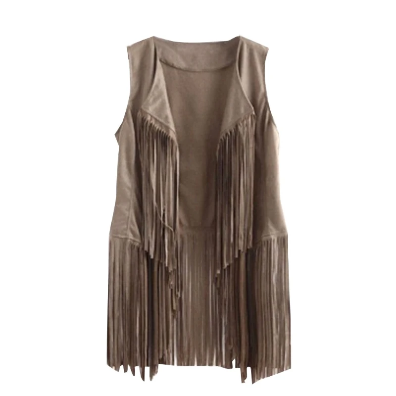 Women Faux Suede Sleeveless Jacket Fringe Tassels 70s Hippie Open Front Cardigan LX9E