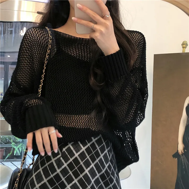 knitting Loose oversized sweater 2020 Autumn New Fishnet see-through Sweater Knitted round Neck Transparent Mesh 8800i | Женская одежда