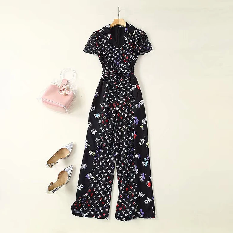 HIGH STREET новейшая мода дизайнерский комбинезон женский элегантный костюм с отложным воротником широкие брюки с цветочным принтом Комбинезон