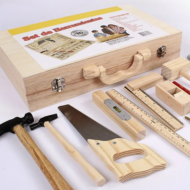Children Real Life Wooden Tools Kit Pretend Toy Boys Box Maintain Tools Wooden Hammer Saw Screwdriver Birthday Gift 2