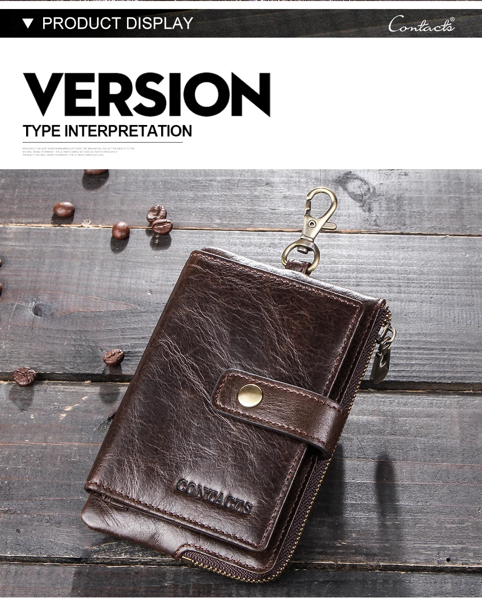 Contact's Genuine Leather Men Key Wallet With Zipper Coin Purse Credit Card Holder Rfid Short Wallet Business Male Car Keychain