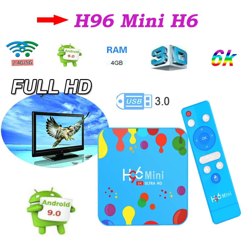 Smart tv box H96 мини H6 full HD android 9,0 Смарт ТВ Декодер каналов кабельного телевидения 10/100M Ethernet Allwinner H6 4 ядра 64-бит ARM Cortex-A53