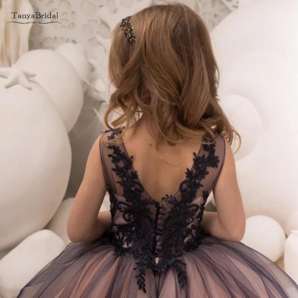 Бальное платье принцессы; коричневые Платья с цветочным узором для девочек; праздничное платье с кружевной аппликацией для девочек; вечерние платья для первого причастия; XF030