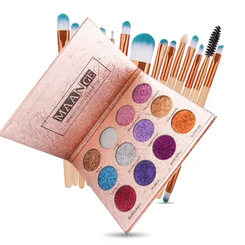 

Value female cosmetics tools kit 15 pcs makeup brushes set+12 colors diamond glitter eye shadow magnet palette shiny makeup tool