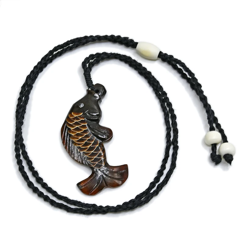 NGX127 Handmade Man Jewelry New Zealand Maori Tribes Pendant Yak Horn Fish  Womens Hemp Rope Weaving Necklace for Surfing