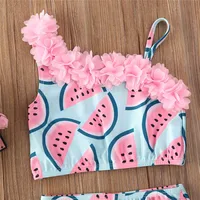 1-5Years Toddler Baby Girls Swimsuits Watermelon Print One Shoulder Flower Strap Sleeveless Bikini 2023 Girl Summer Swimwear 3