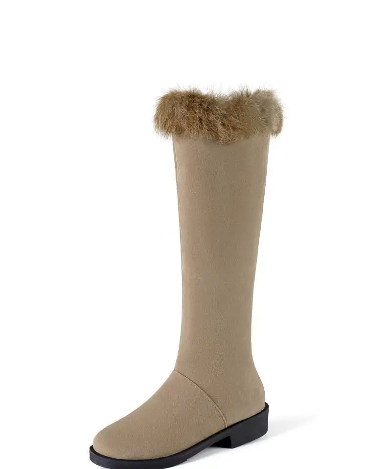 Snow Boots Knee High Winter Women Black Red Shoes Woman Feather Low heelNubuck Short Plush Long Ladies Size 47 Womens 42 10 Zip - Цвет: Бежевый