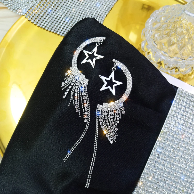 Korean new design fashion jewelry shiny luxury full crystal moon thank you earrings long tassel earrings for women gift