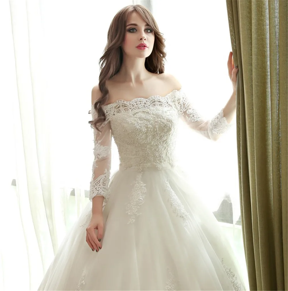 vestido de noiva, кружевное бальное платье с вырезом лодочкой, рукав 3/4, на заказ, большие размеры, свадебное платье принцессы, платья для матери невесты