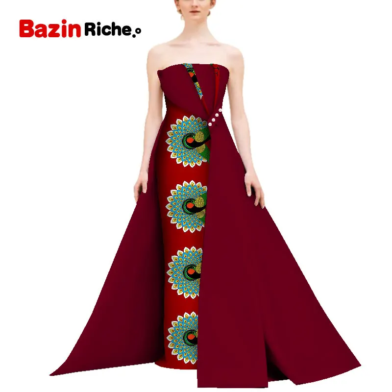 Африканский принт длинное платье с русалочкой для Для женщин Bazin Rich от плеча до пола-Длина платья африканский дизайн Костюмы WY5111