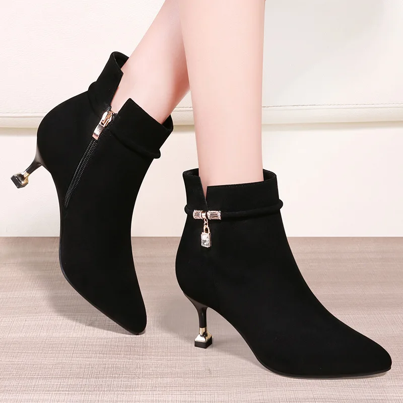 

Short Boots Women's Fashion 2019 New Style Autumn & Winter Pointed High Heels Thin Heeled Outer Wear Shoes Korean-style Side Zip