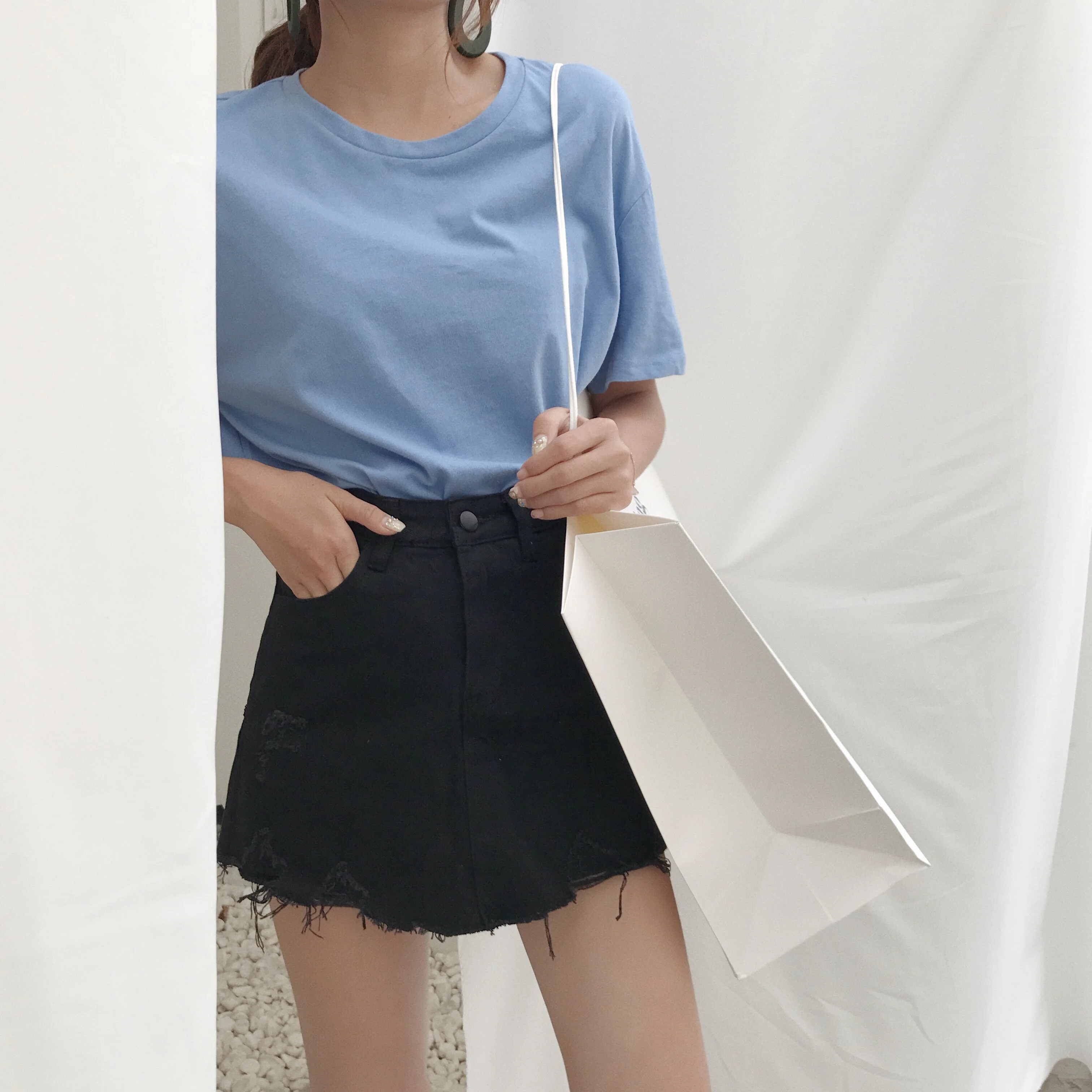 Korean version of high-waisted slim A-word skirt super-fire bag-top jeans skirt