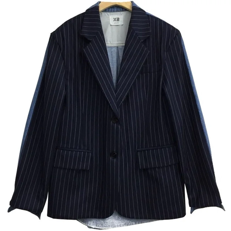 LANMREM/темно-синий джинсовый Однобортный блейзер с длинными рукавами, расшитый цветом, женсткая куртка, модное зимнее пальто года, новинка, TD253 - Цвет: navy blue
