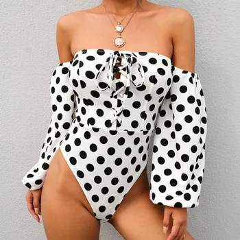 

Fashion Womens Off Shoulder Loose Sleeve Body Jumpsuits Casual Bodysuit Sexy Dot Skinny Female Bodysuits