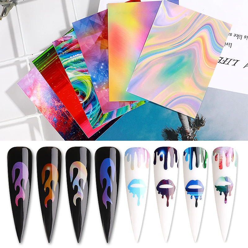 6 шт 3D голографическая огонь винил для ногтей Стикеры s блеск лазерных пламя нейл