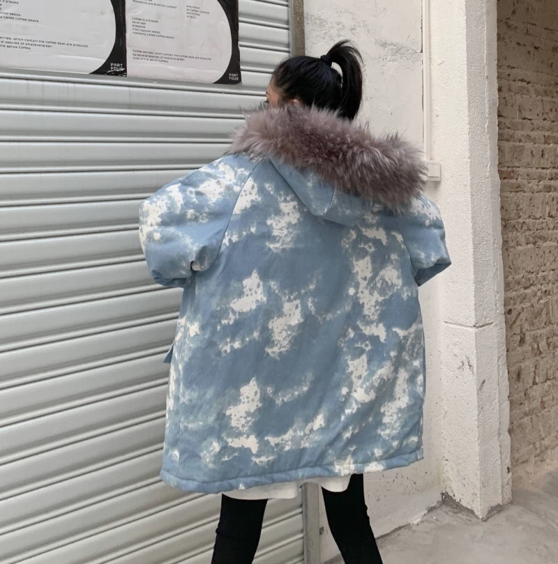 Женская зимняя куртка, свободная куртка, Harajuku, зимняя утепленная куртка, камуфляжная куртка с капюшоном и искусственным мехом, зимняя парка, голубая куртка, женская зимняя парка с мехом