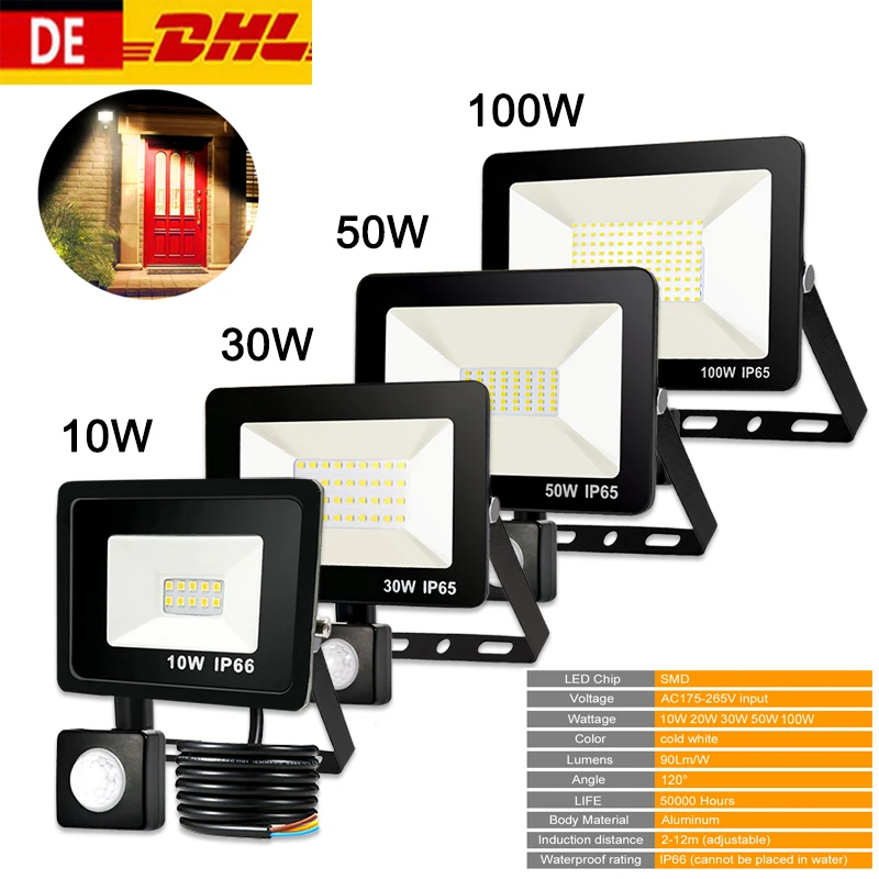 

Outdoor Lighting LED Floodlight PIR Motion Sensor Waterproof Flood Light 220V 10W 30W 50W 100W Spotlight For Garden Wall Indoor
