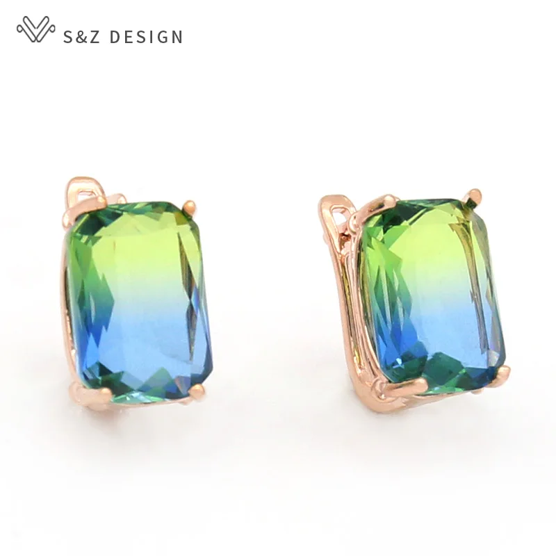 S&Z DESIGN New Fashion Square Imitation Tourmaline Dangle Earrings For Women Fine 585 Rose Gold Color Wedding Jewelry