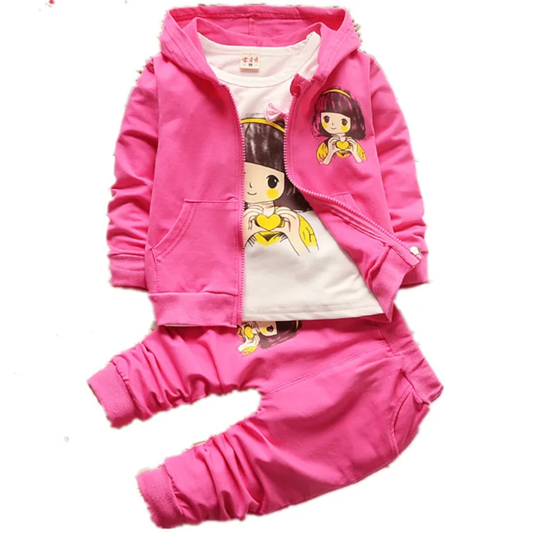 

New Spring Autumn Children Casual Clothes Baby Girls Cartoon Hooded Jacket T Shirt Pants 3Pcs/sets Kid Infant Fashion Sportswear