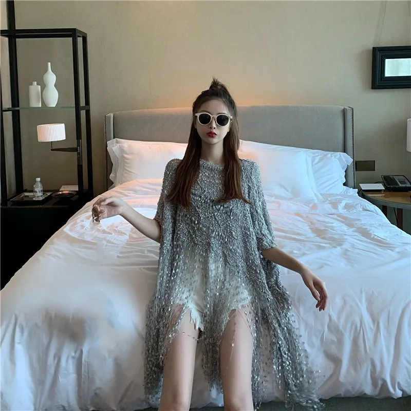 WHITNEY WANG Осенняя мода уличная сексуальная прозрачная негабаритная кисточка свитер женский джемпер sueter mujer invierno